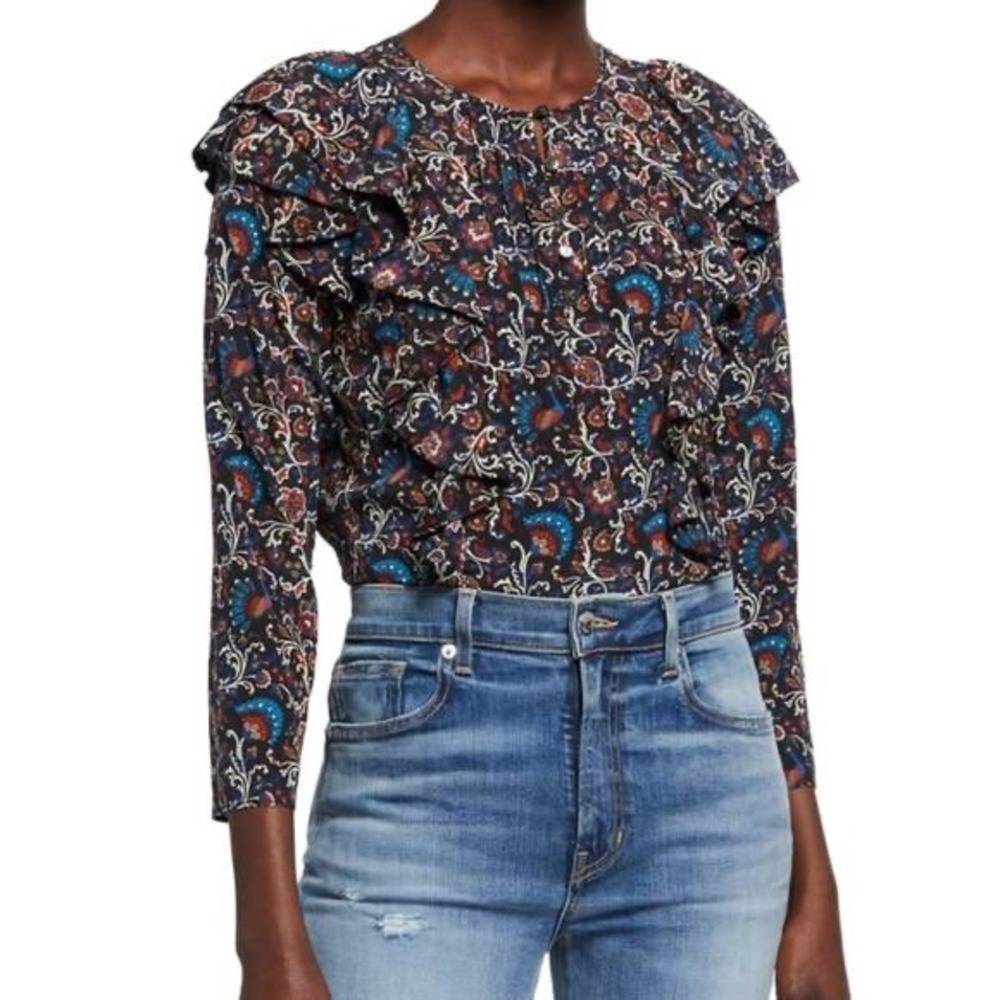 Veronica Beard 100% Silk Aneri Paisley Ruffle Peacock Blouse Workwear Luxury 6